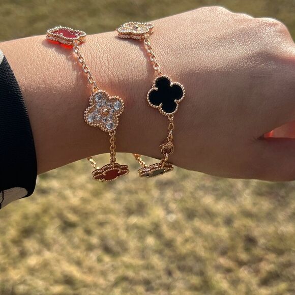 Lucky Alhambra Clover Bracelet Rose Gold Black Stones With Logo - Picture 1 of 11